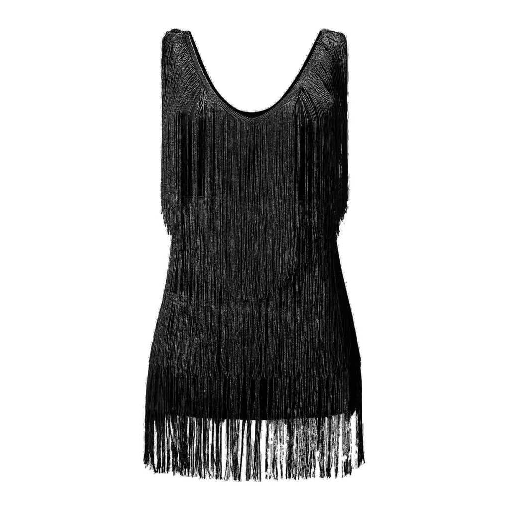 Fringe Detail Sleeveless Mini Dress with Deep V-Neck Statement Silhouette