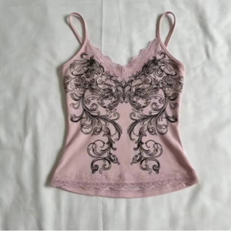 Floral Graphic Lace Camisole Tank Top with Slim Fit Streetwear Inspired Design
