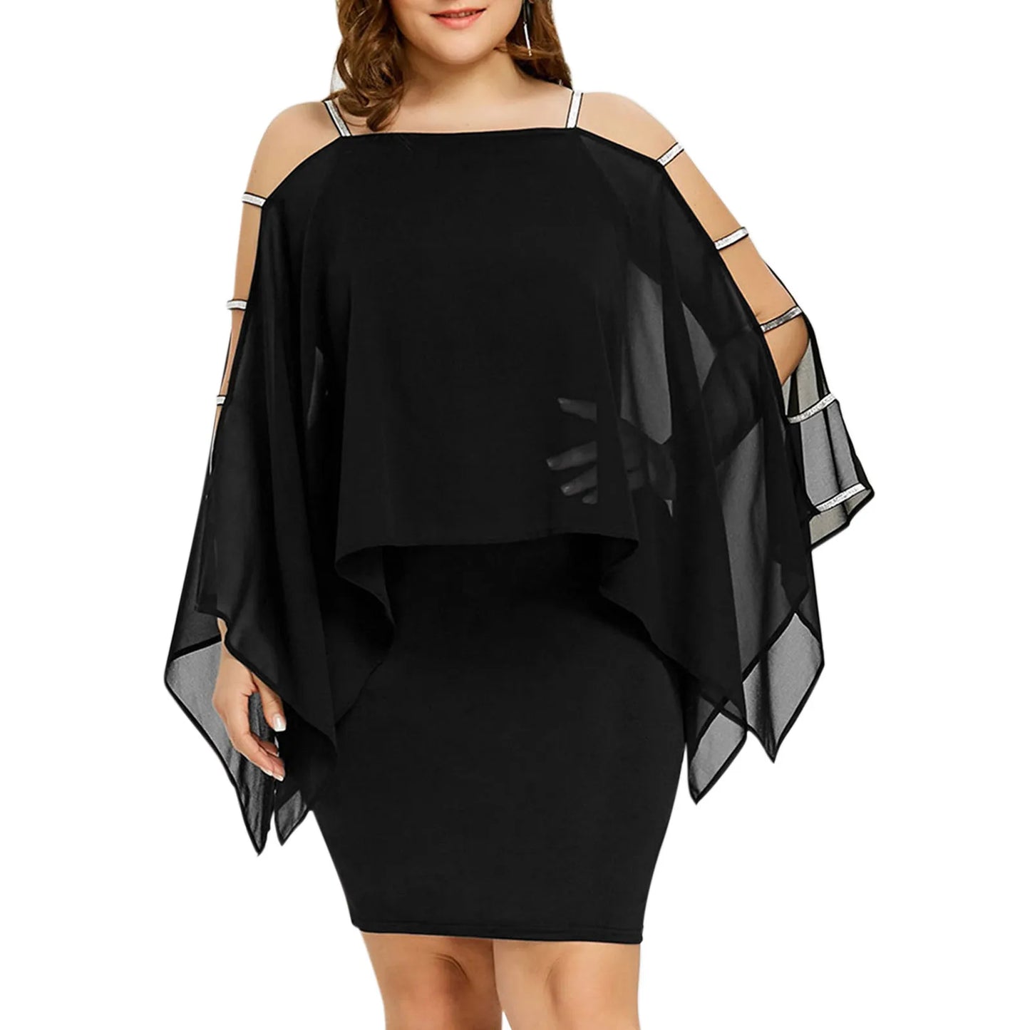 Elegant Sheer Overlay Batwing Sleeve Alternative Fashion Mini Dress