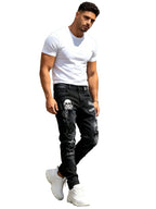 Men's Slim Straight Distressed Denim Jeans with Graphic Patch Streetwear Styling