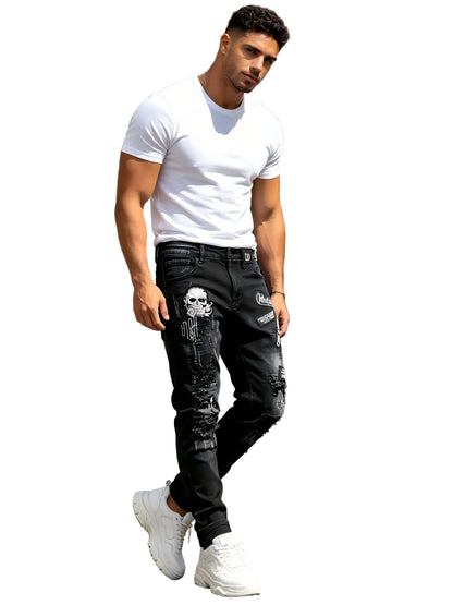 Men's Slim Straight Distressed Denim Jeans with Graphic Patch Streetwear Styling