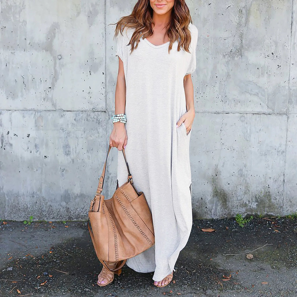 Oversized Short Sleeve Maxi Dress with Side Slit Relaxed Silhouette