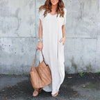 Oversized Short Sleeve Maxi Dress with Side Slit Relaxed Silhouette