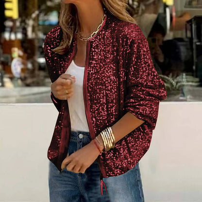 Women's Glitter Zip-Up Bomber Jacket with Relaxed Fit and Statement Evening Streetwear Style