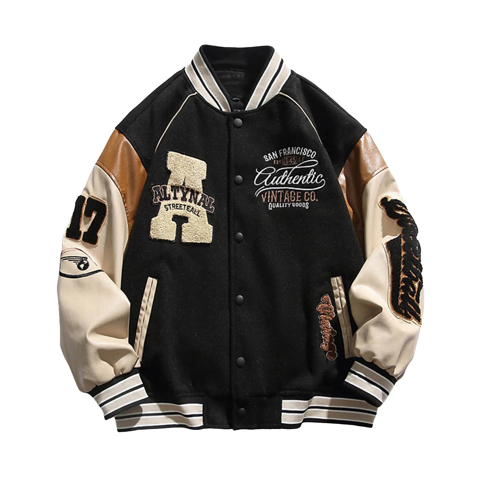 Men's Oversized Varsity Style Button Jacket with Contrast Sleeves for Streetwear Layering