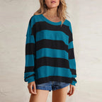 Women's Relaxed Striped Knit Pullover with Long Sleeves for Casual Everyday Streetwear Style
