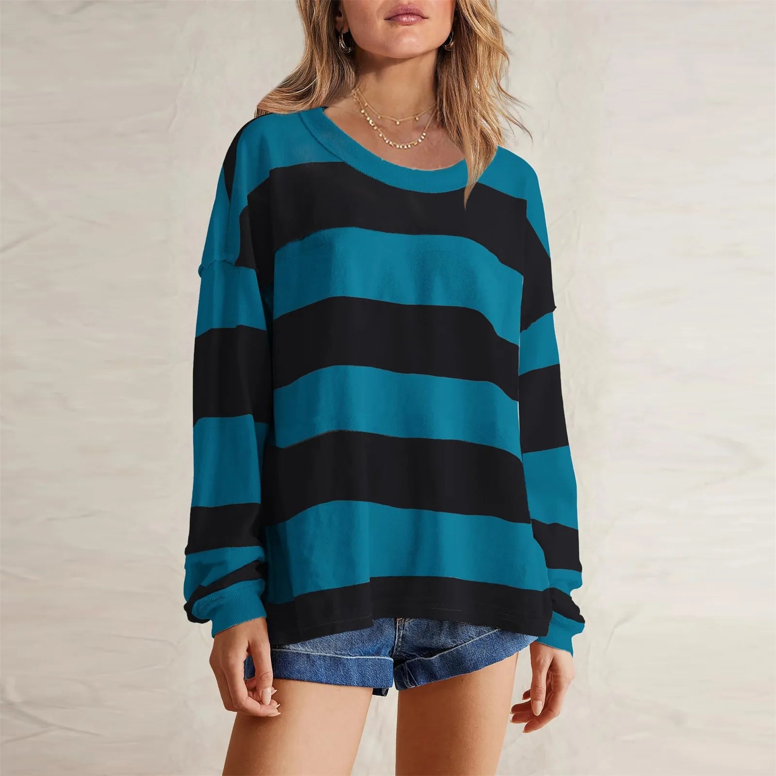 Women's Relaxed Striped Knit Pullover with Long Sleeves for Casual Everyday Streetwear Style