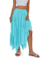 Boho High-Low Ruffle Hem Flowy Asymmetrical Maxi Skirt