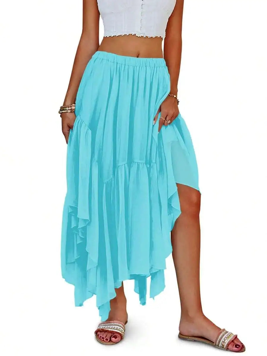 Boho High-Low Ruffle Hem Flowy Asymmetrical Maxi Skirt