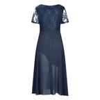 V-Neck Lace Detail Chiffon Maxi Dress with Short Sleeves and A-Line Fit