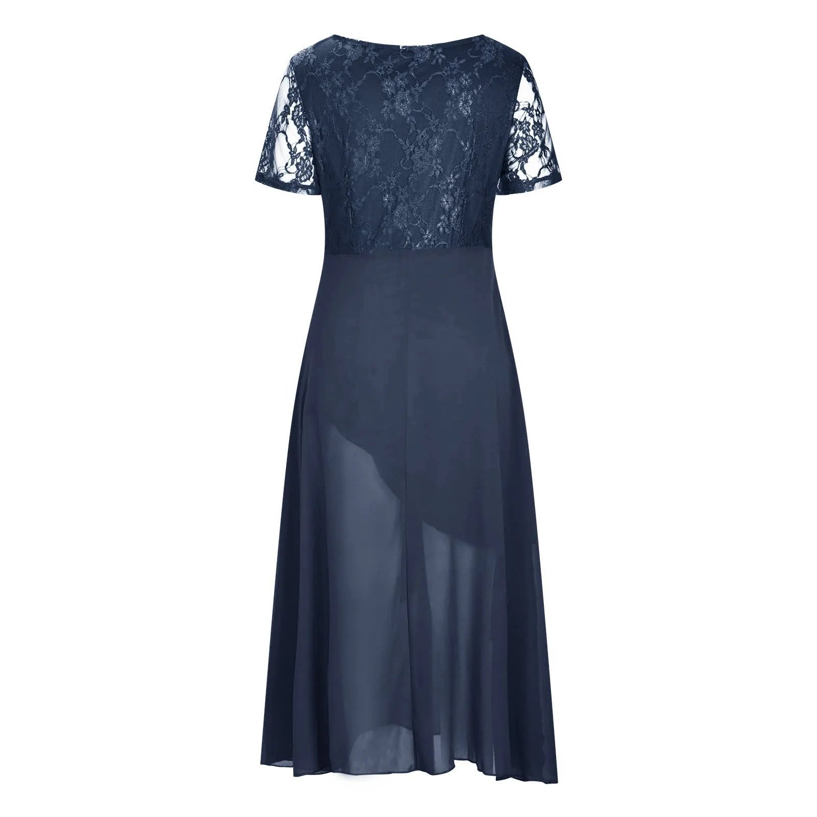 V-Neck Lace Detail Chiffon Maxi Dress with Short Sleeves and A-Line Fit
