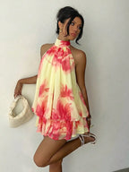 Elegant Cream Halter-Neck Mini Dress with Fluid Draped Silhouette