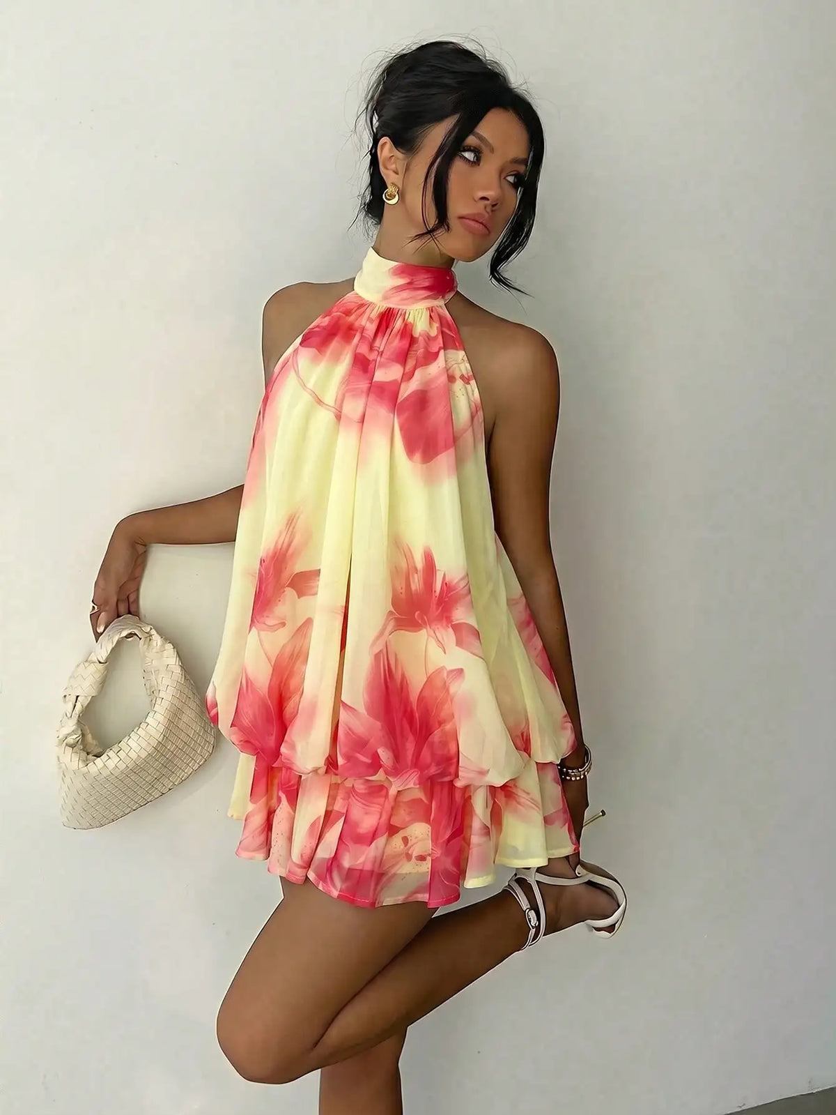 Elegant Cream Halter-Neck Mini Dress with Fluid Draped Silhouette