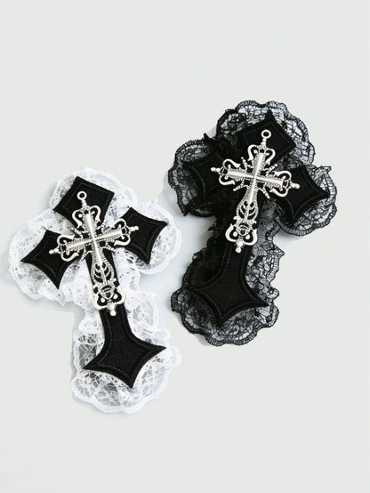 Gothic Lace Cross Hair Clip Set Dark Romantic Statement Accessories
