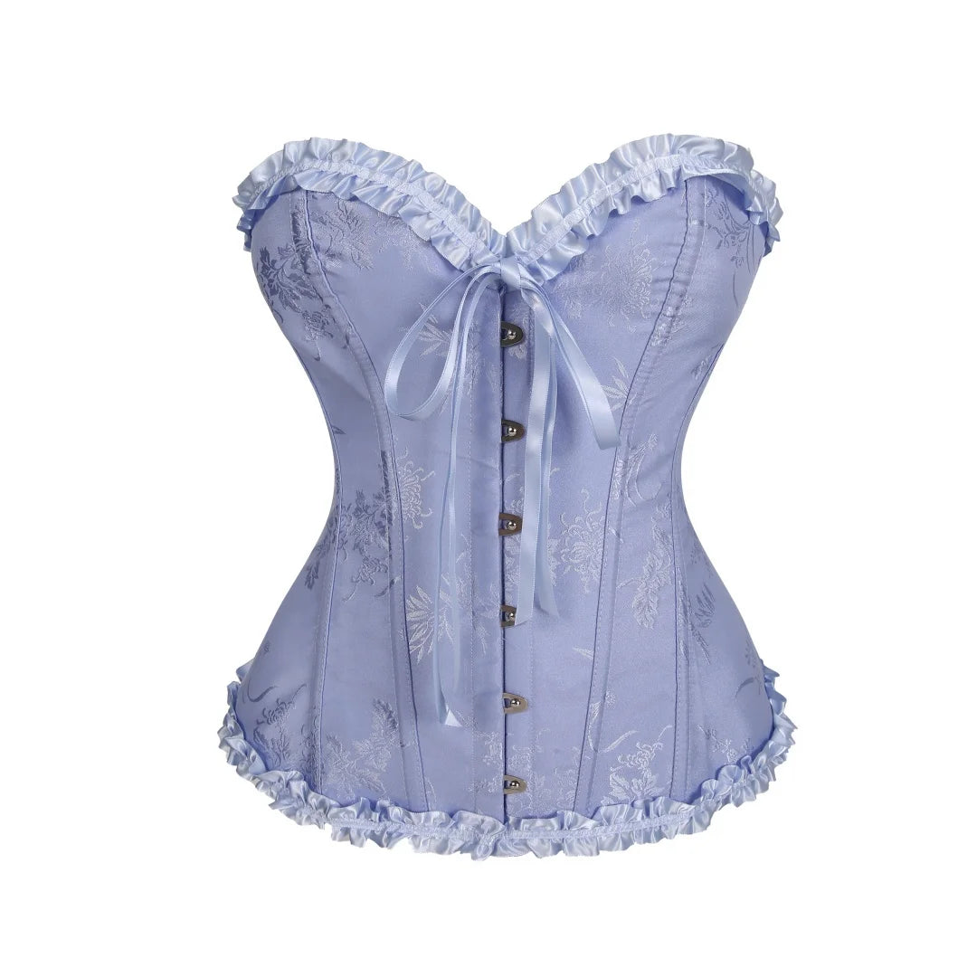 Jacquard Overbust Corset with Ruffled Trim, Structured Boning and Lace-Up Back