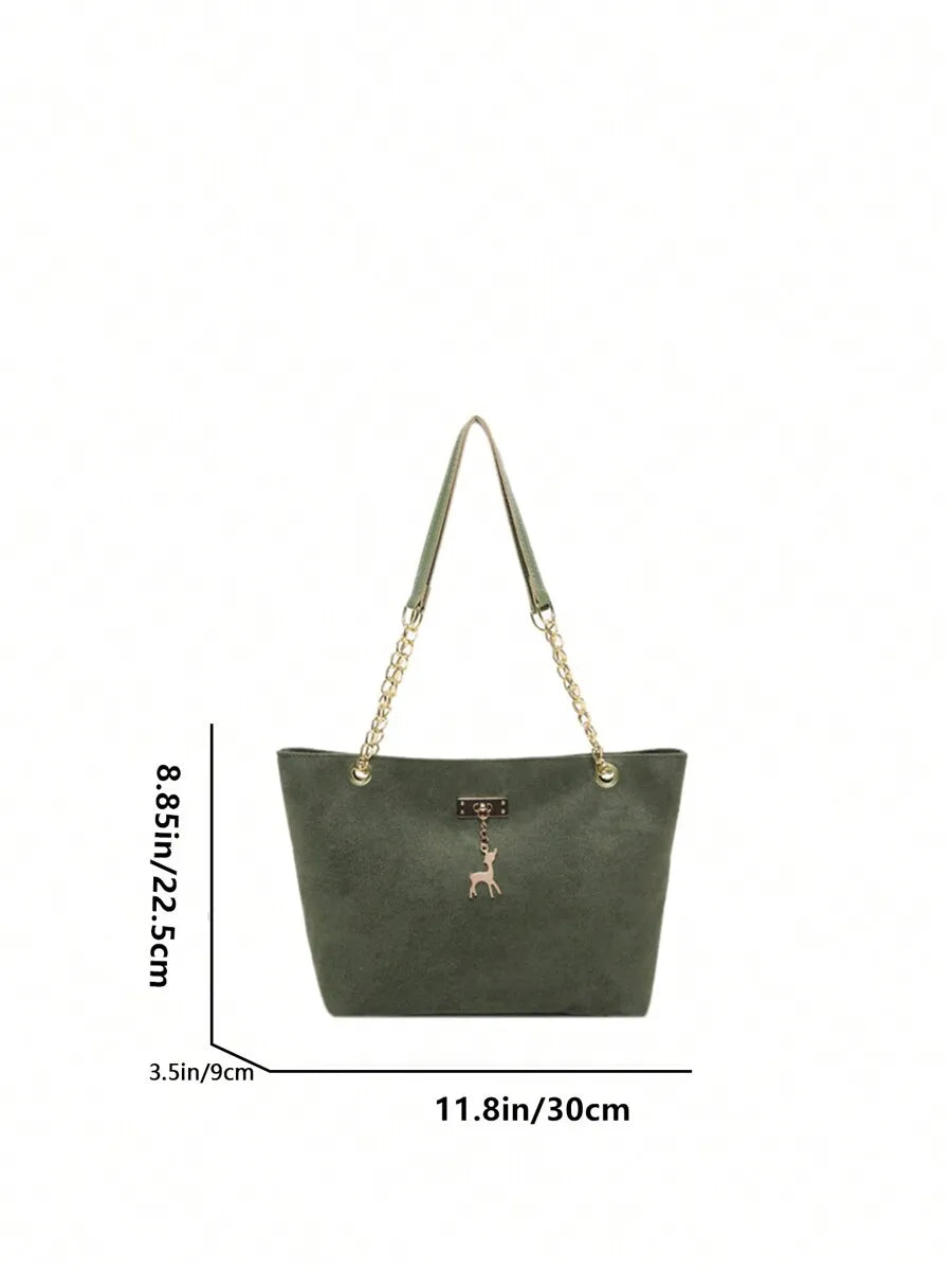 Soft Faux Suede Chain Strap Shoulder Tote Bag with Relaxed Silhouette