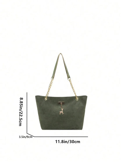 Soft Faux Suede Chain Strap Shoulder Tote Bag with Relaxed Silhouette