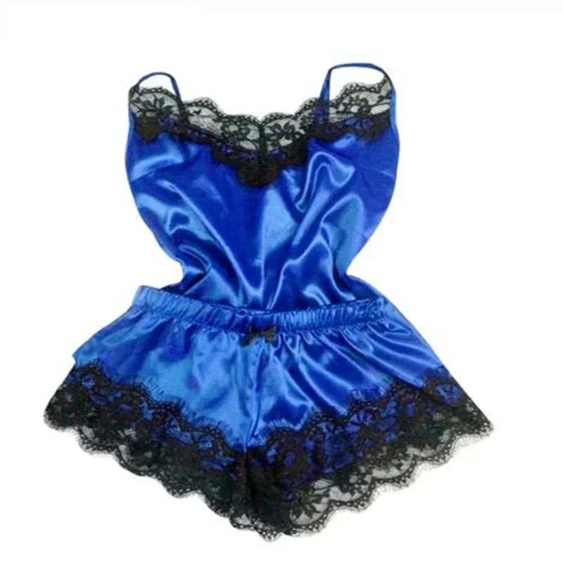 Women's Satin Lace Pajama Set with V-Neck Camisole Top, Matching Shorts, Delicate Lace Trim and Spaghetti Straps