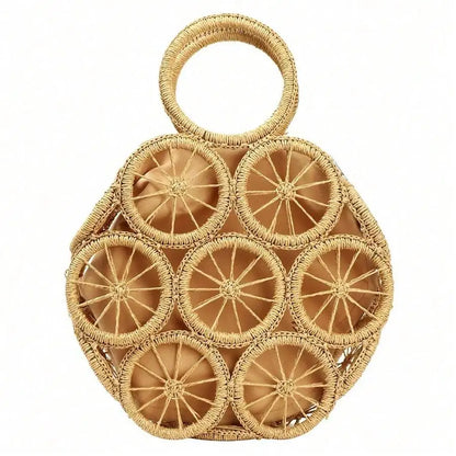 Handwoven Straw Beach Tote Bag with Circular Pattern Bohemian Styling