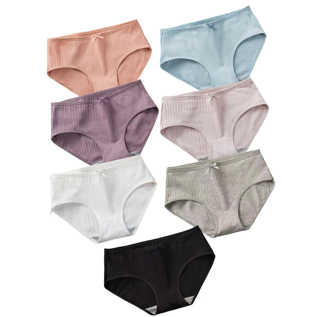 Seven-Piece Ribbed Cotton Blend Mid-Rise Brief Set with Bow Detail