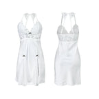 Elegant White Satin-Finish Halter Chemise with Sheer Lace Bodice and Bow Accents