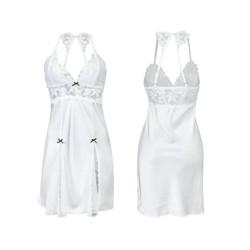 Elegant White Satin-Finish Halter Chemise with Sheer Lace Bodice and Bow Accents