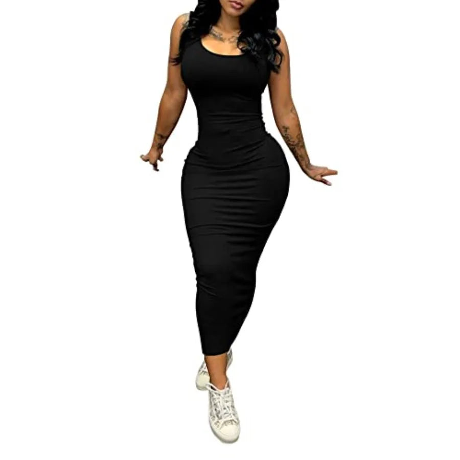Essential Sleeveless Black Bodycon Maxi Dress with Scoop Neckline