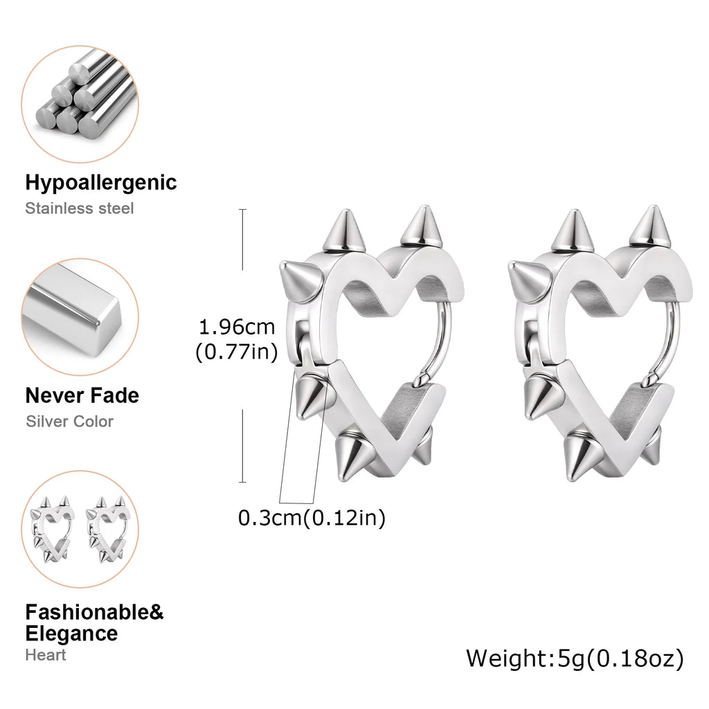 Gothic Heart Hoop Earrings with Rivet Inspired Alternative Fashion Details