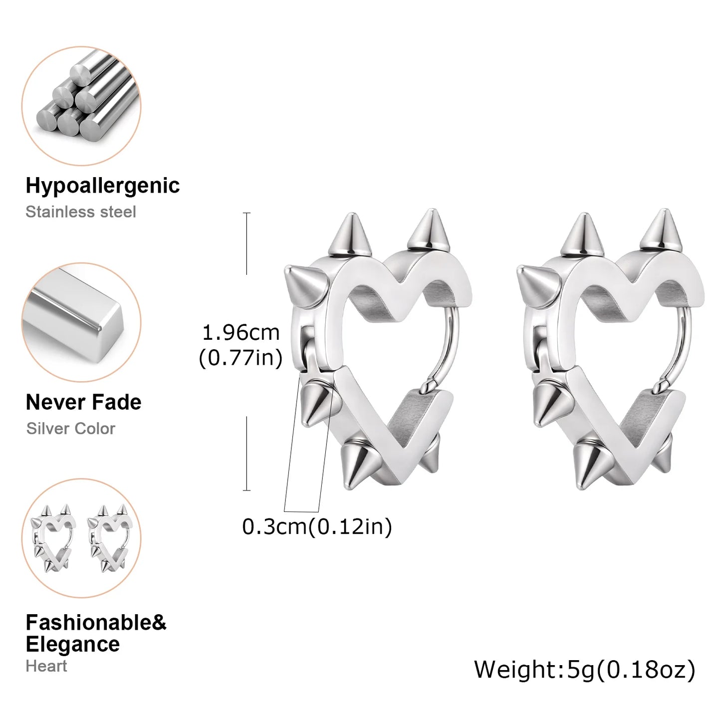Gothic Heart Hoop Earrings with Rivet Inspired Alternative Fashion Details