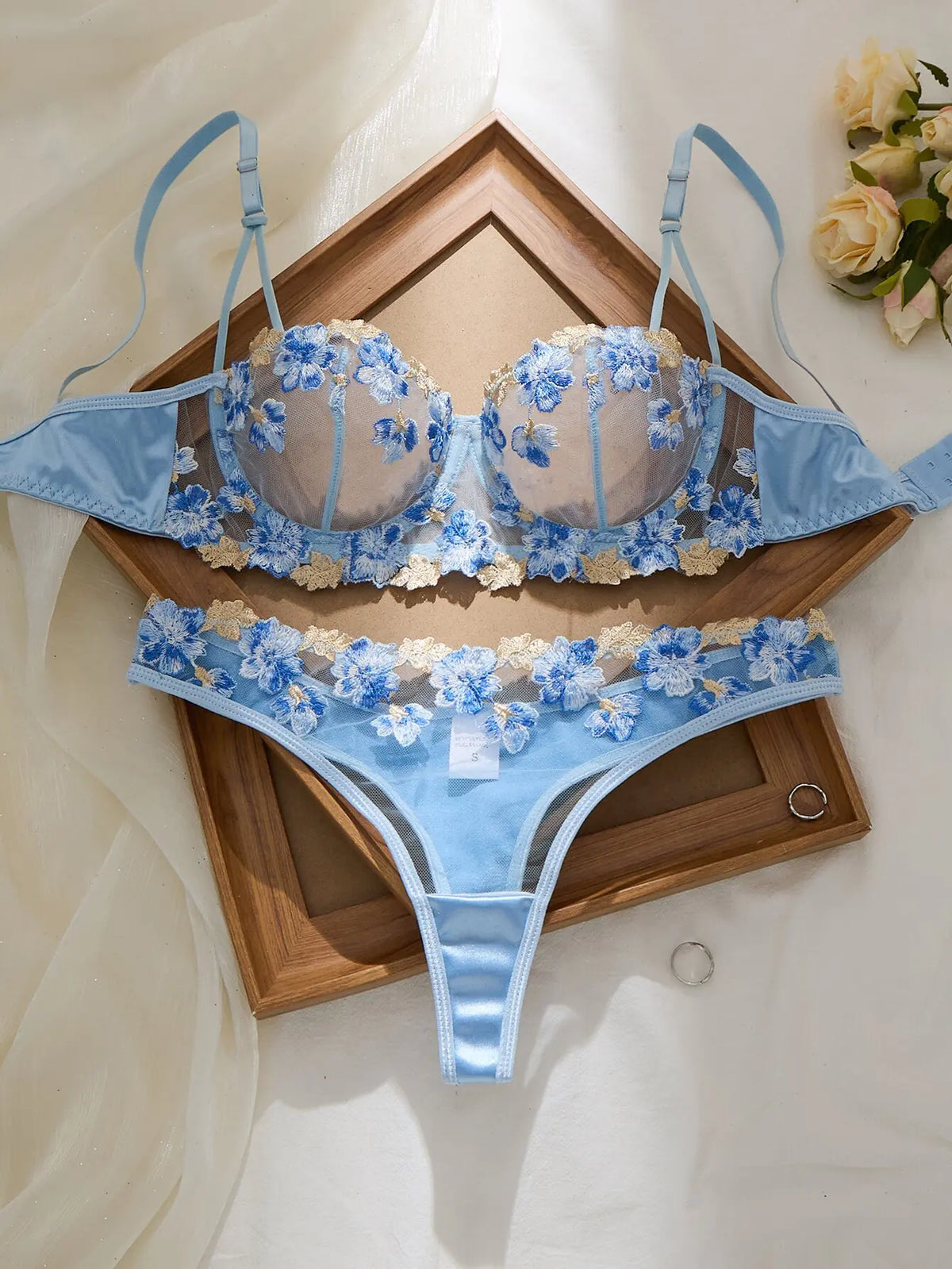 Romantic Light Blue Floral Appliqué Underwire Lingerie Set