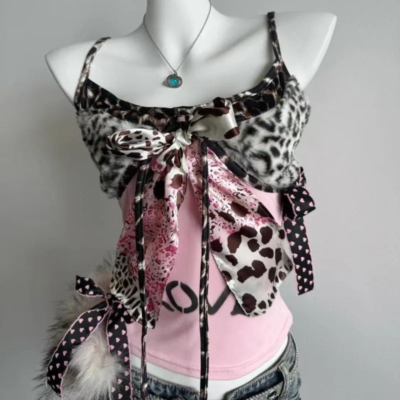 Lace Trim Graphic Halter Crop Top with Bow Detail Contemporary Streetwear Style