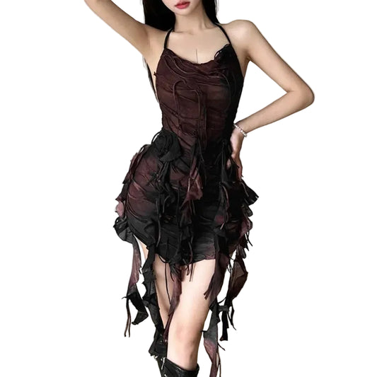 Distressed Layered Chiffon Mini Dress With Dark Alternative Streetwear Fashion Appeal