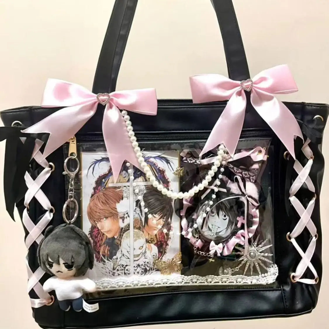 Transparent Display Tote Bag with Ribbon Accents and Organizer Compartments