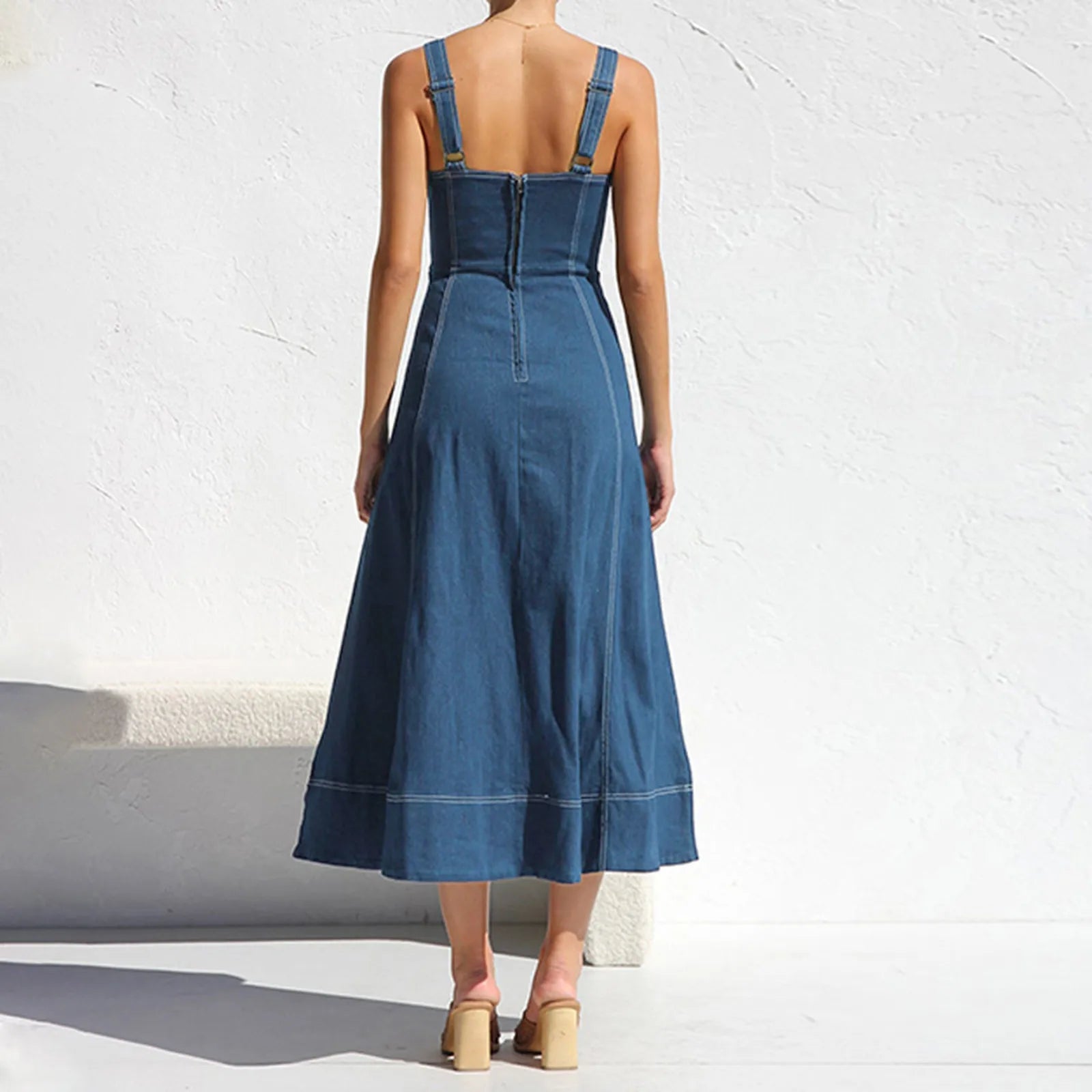 Button Front Denim Midi Dress with Structured Bodice and Adjustable Straps