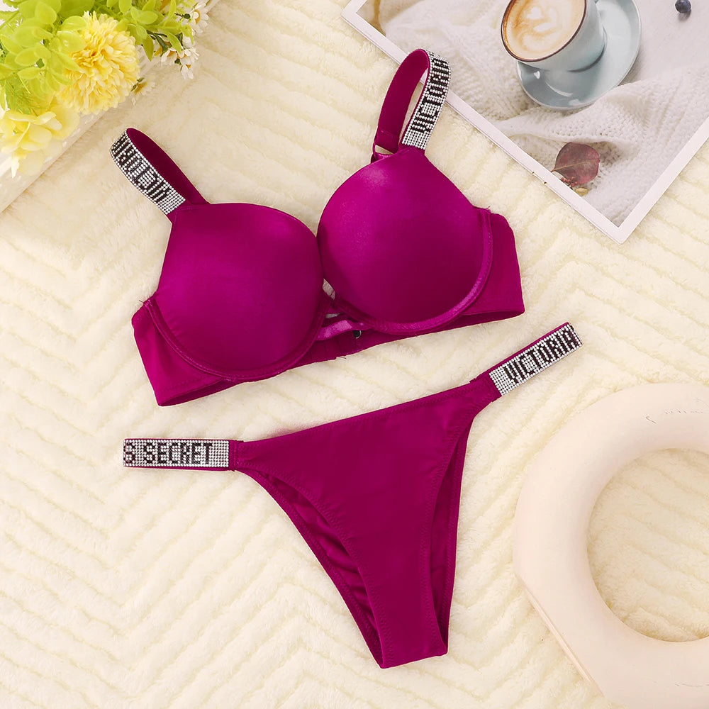 Rhinestone Statement Strap Push-Up Bra and Matching Minimalist Thong Set