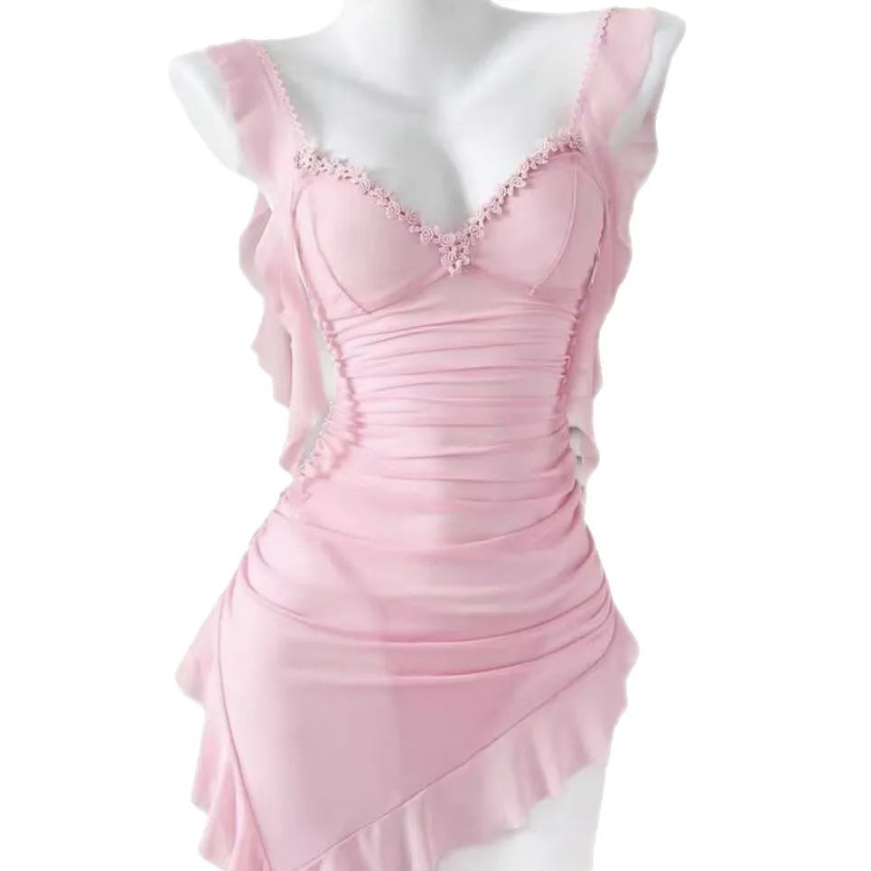 Romantic Pink Sheer Ruched Chemise with Sweetheart Ruffled Neckline