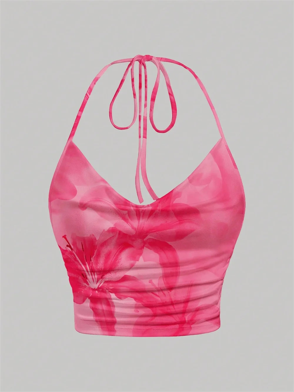 Floral Print Halter Crop Top with Open Back Ruched Streetwear Style
