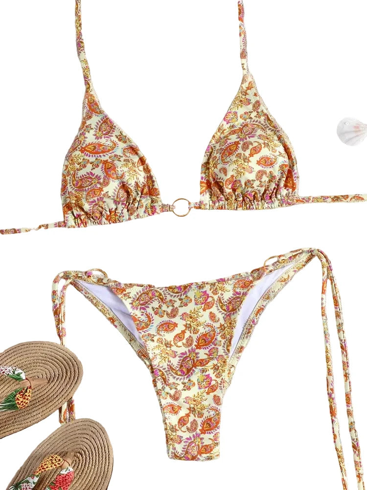 Vintage-Inspired Warm Floral Print Triangle String Bikini