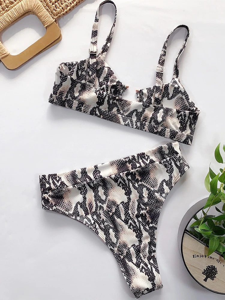 Bold Leopard Print Bralette Bikini with U-Notch Detail and High-Waisted Bottom