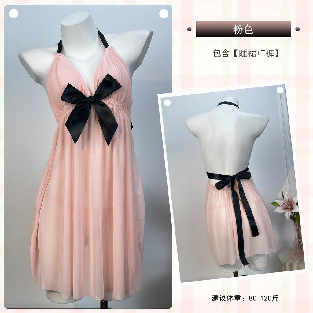 Peach Pleated Mesh Halter Babydoll with Contrast Black Bow Detailing