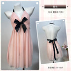 Peach Pleated Mesh Halter Babydoll with Contrast Black Bow Detailing