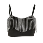 Rhinestone Fringe Bustier Crop Top with Spaghetti Straps and Glam Party Styling