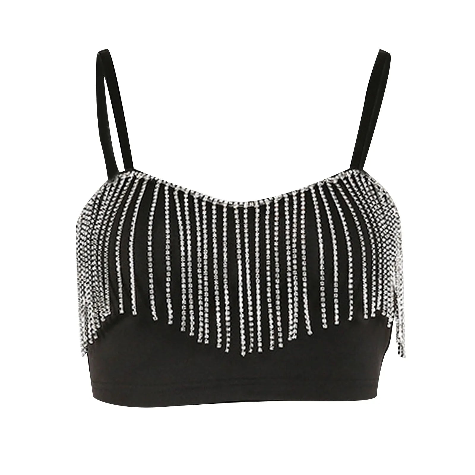 Rhinestone Fringe Bustier Crop Top with Spaghetti Straps and Glam Party Styling