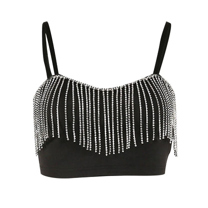 Rhinestone Fringe Bustier Crop Top with Spaghetti Straps and Glam Party Styling