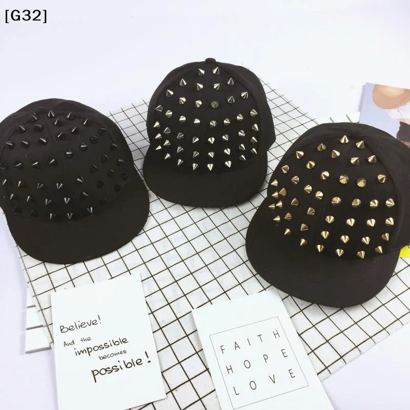 Studded Flat Brim Baseball Cap with Decorative Rivet Details for Y2K Streetwear Fashion