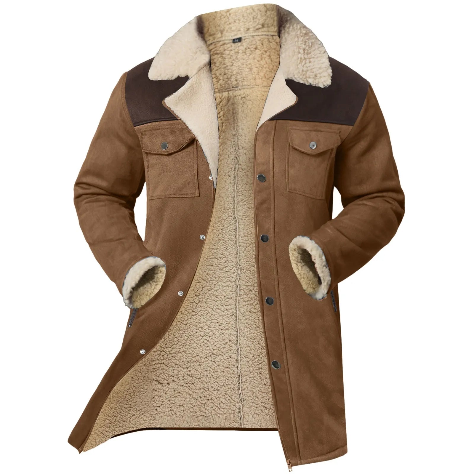 Men's Mid-Length Faux Suede Sherpa Collar Jacket with Utility Pockets for Vintage Streetwear Style