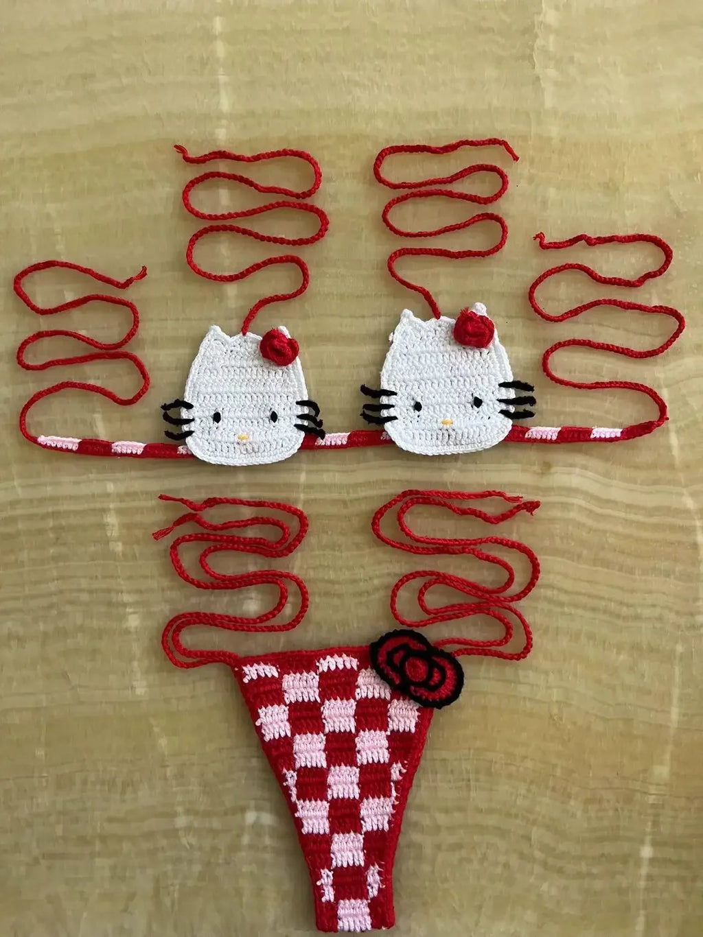 Hand-Crafted Crochet Halter Bikini Set with Whimsical Feline and Checkerboard Details