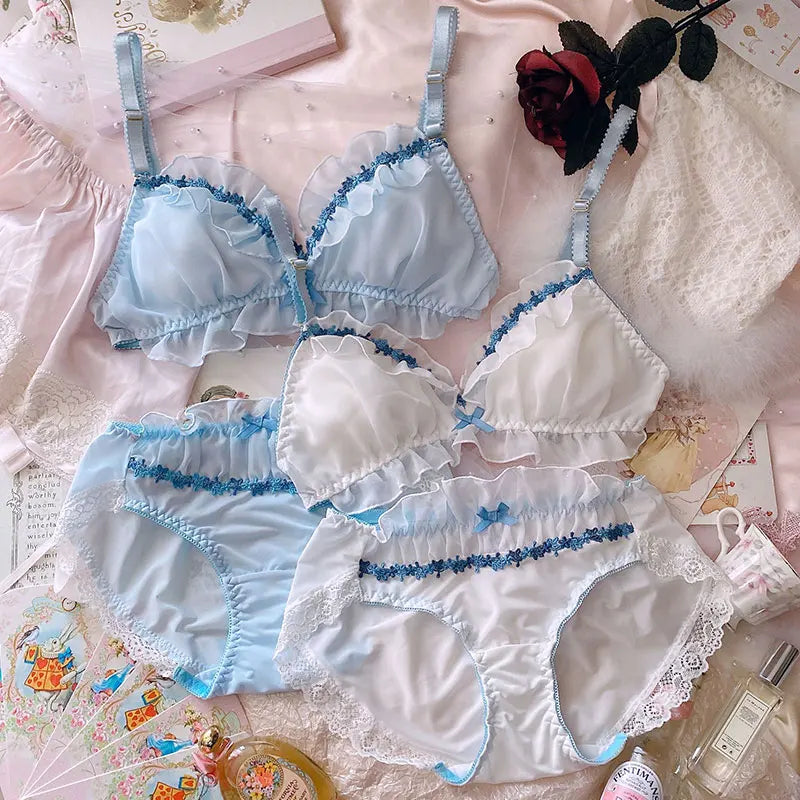 Ethereal Lavender Floral Embroidery Sheer Underwire Lingerie Set with Tie-Side Thong