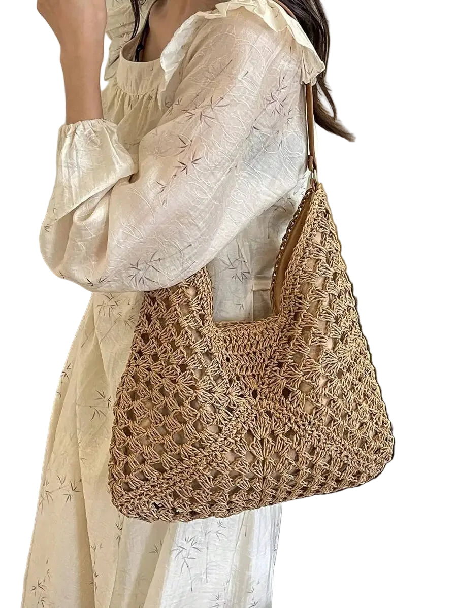 Handwoven Straw Tote Shoulder Bag with Open Relaxed Silhouette