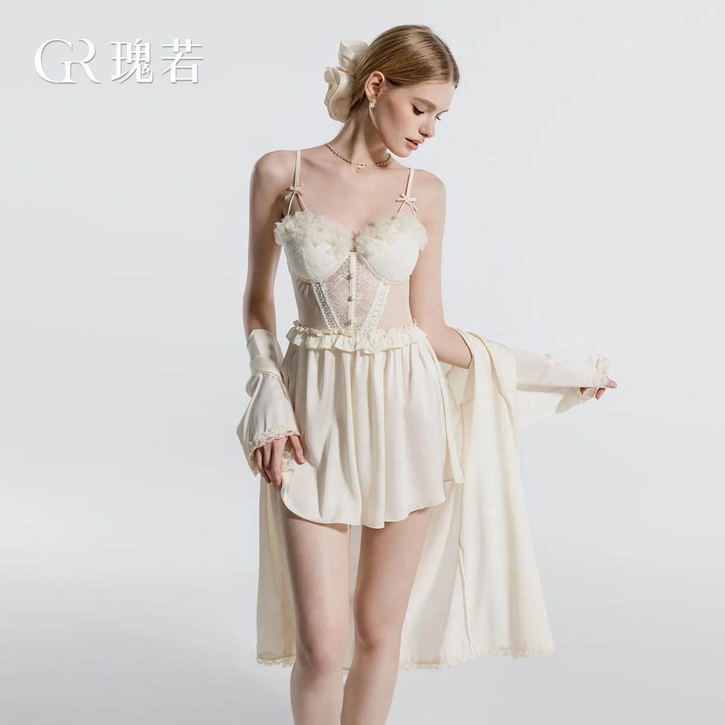 Romantic Cream Tulle Camisole Nightdress with Floral Lace Appliqué